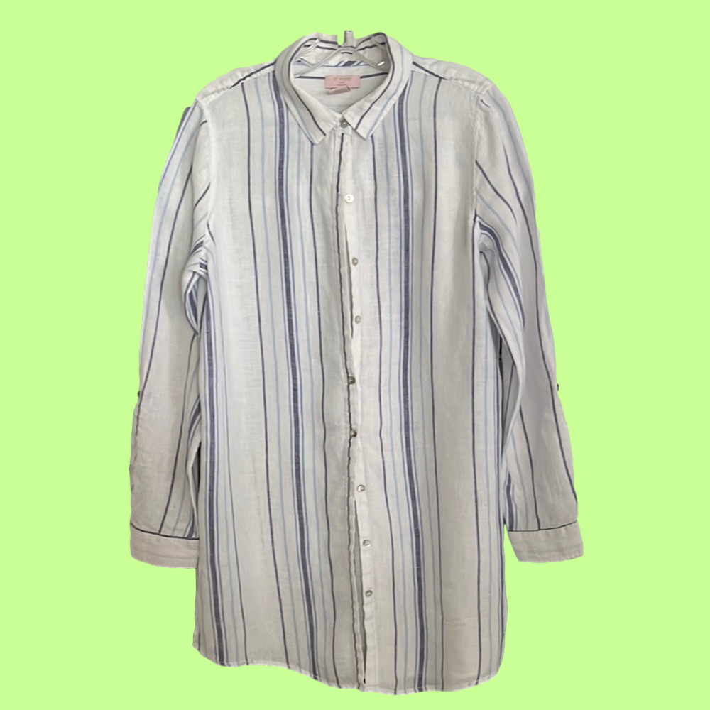 St. Tropez White Striped Linen Button Down Tunic